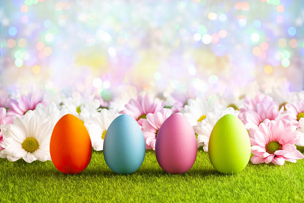 Pink and white flowers and Easter eggs on the grass and colorful - Foto, Imagen