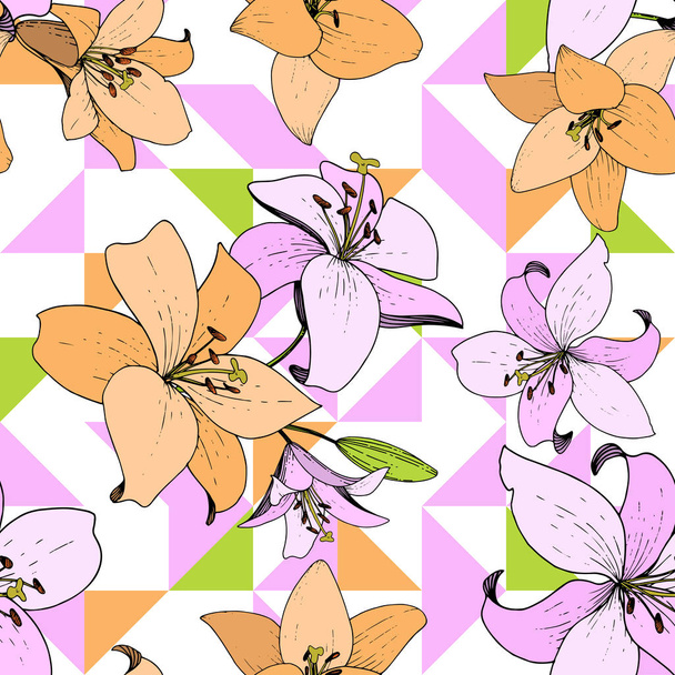 Vektor liliom virág botanikai virág. Vad tavaszi levél vadvirág elszigetelt. Vésett tinta art. Varratmentes háttérben minta. Anyagot a nyomtatási textúrát. - Vektor, kép
