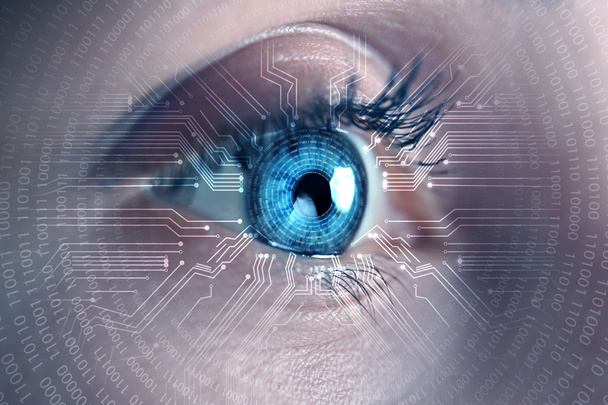 Female hacker with iris scanning, closeup. Concept of digital crime - Photo, Image