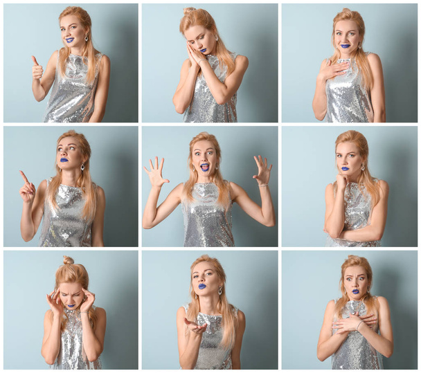 Beautiful young woman with different emotions on color background - Photo, Image
