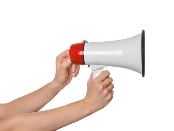 Woman holding megaphone on white background - Foto, afbeelding