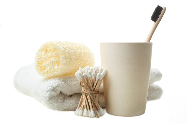 terry towel, sponge loofah, bamboo sticks ear and toothbrush  - Photo, Image