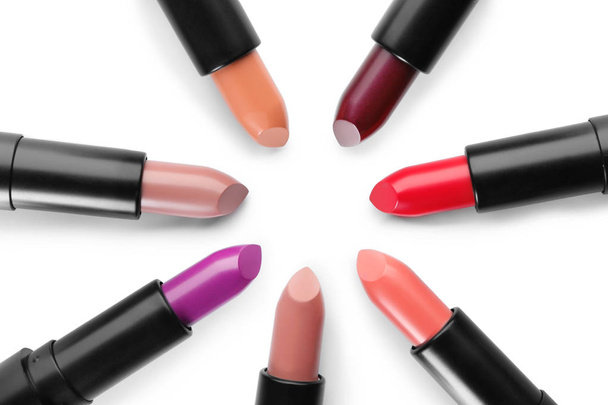 Colourful lipsticks on white background, flat lay - Photo, Image