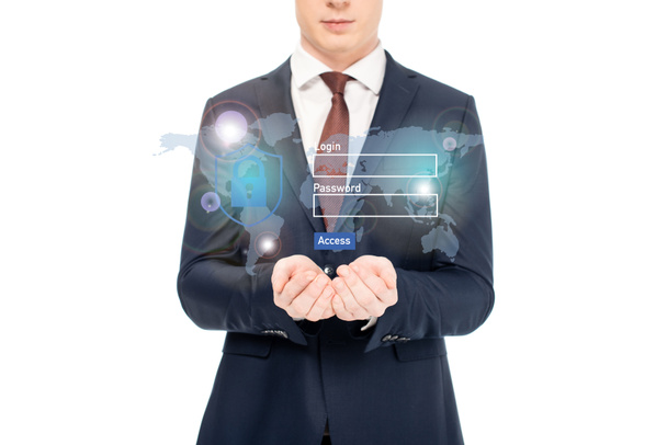 cropped view of businessman in suit with outstretched hands and internet security illustration above - Foto, Imagen