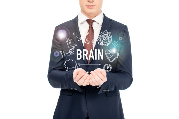vista recortada de hombre de negocios en traje con las manos extendidas y las letras del cerebro y los iconos por encima aislado en blanco
 - Foto, Imagen