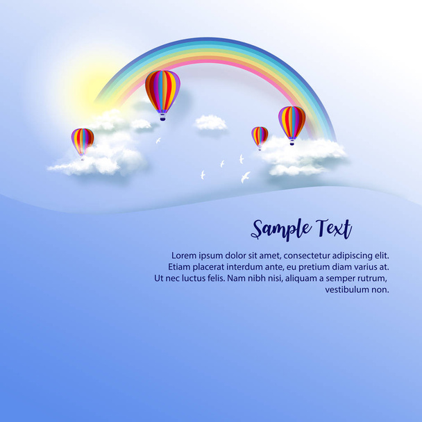 Hot air balloons in cloudy sky with rainbow  on good weather bac - Vector, Imagen