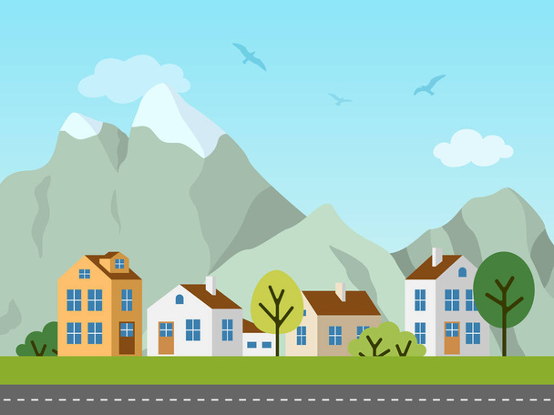 City urban vector landscape, cottages and mountains - Vector, Image