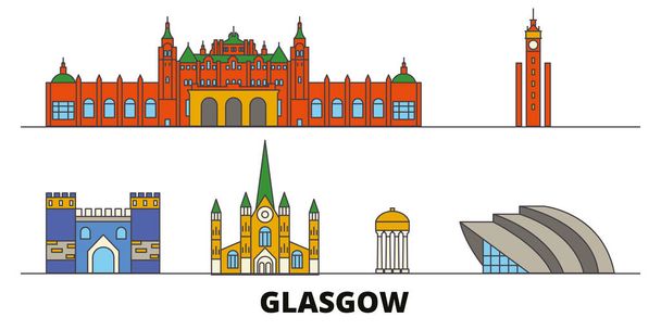 スコットランド、グラスゴー シティ フラット ランドマーク ベクトル イラストです。スコットランド、グラスゴー市、有名な旅行観光スポット、スカイライン、デザイン線.  - ベクター画像