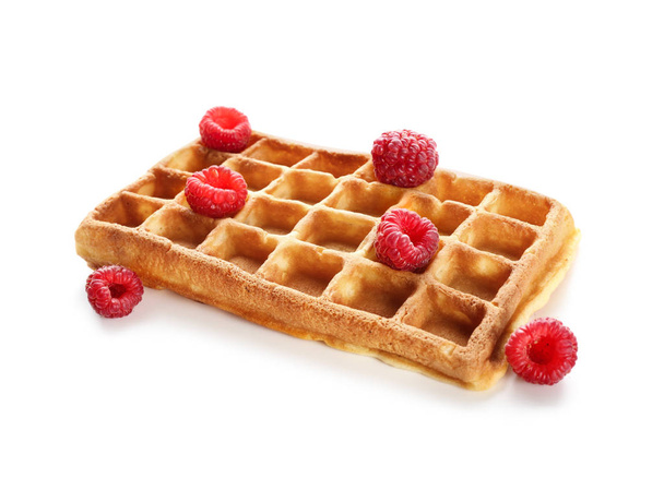 Delicious waffle with raspberries on white background - Photo, Image