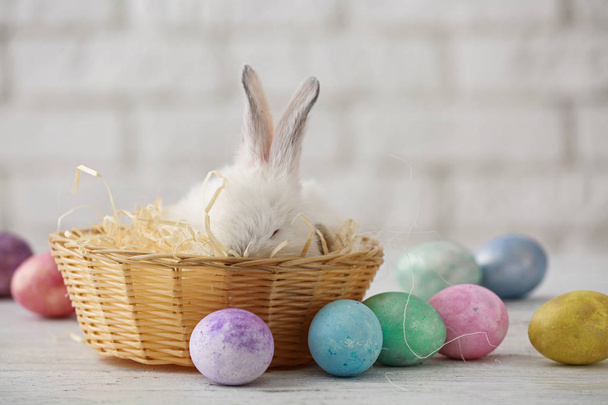 Cesta de mimbre con conejito lindo y huevos de Pascua en la mesa
 - Foto, Imagen
