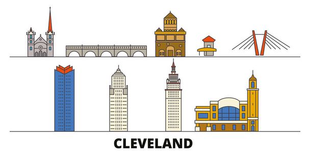 Ilustracja wektorowa Stanów Zjednoczonych, Cleveland płaskie zabytki. Stany Zjednoczone Ameryki, Cleveland linia miasto z zabytków podróżnicze, skyline, projektowanie.  - Wektor, obraz