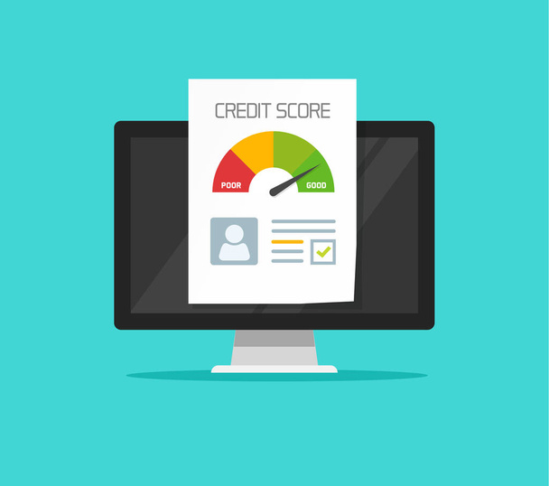 Credit score online report document on computer, flat cartoon digital ranking loan record on pc clipart - Vektor, obrázek