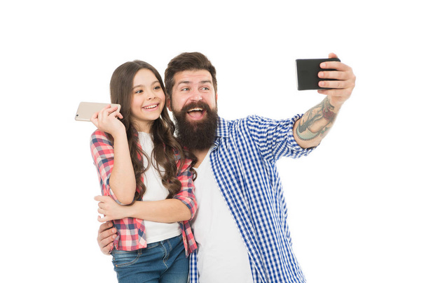 Say hello to family. Capture happy moments. Family selfie. Smartphone selfie. Dad and daughter having fun. Father and daughter video call. Family posing photo. Social networks and online community - 写真・画像