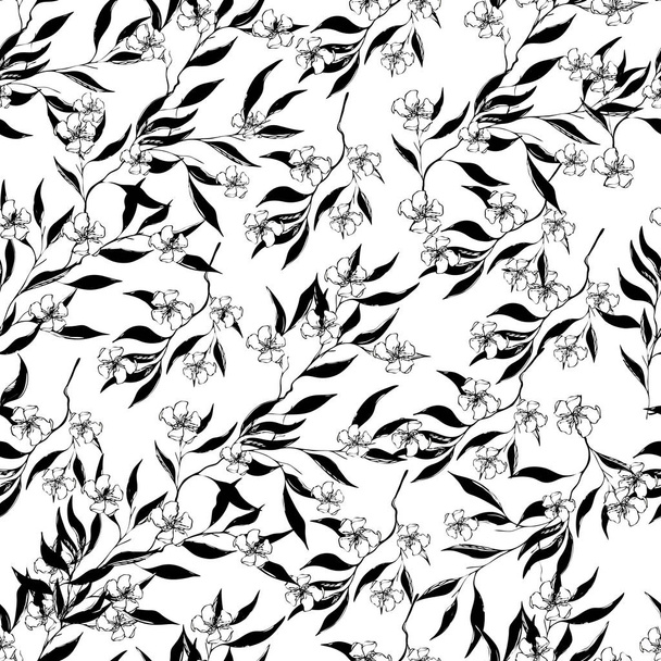 Light background from contour flowers. Outline drawing with flowers and blooming herbs. Black and white vintage texture for decorating fabrics, tiles. - Vector, Image
