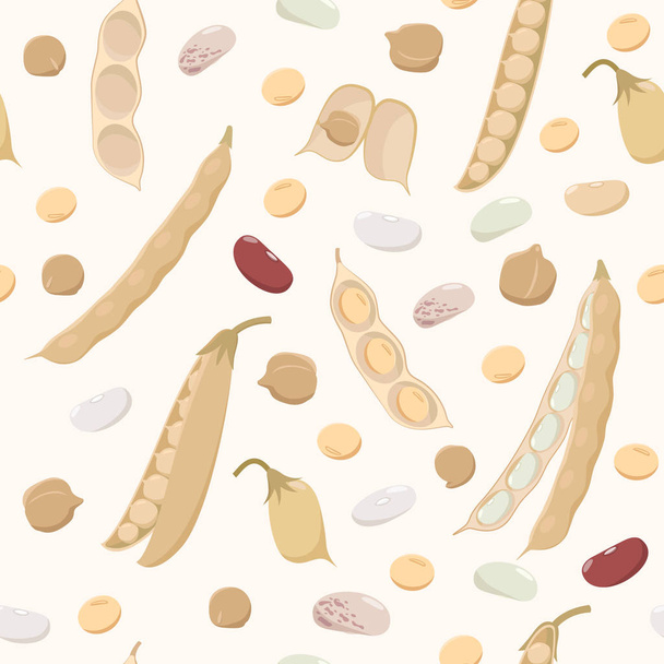 Legumes seamless pattern in flat design. Beans, chickpeas, peas, soybeans and pods isolated on light background, bean plant fruits texture. - Vector, Image