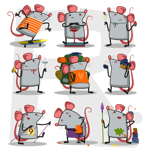 big set of cute gray rats - Vector, Image