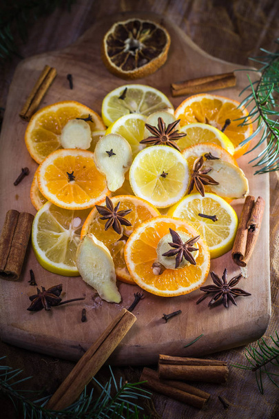 Ingredients medicinal tea Citrus spices Slices lemon orange ging - Fotoğraf, Görsel