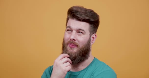 Mann streichelt seinen Bart und denkt über etwas nach und bekommt plötzlich eine Idee - Filmmaterial, Video