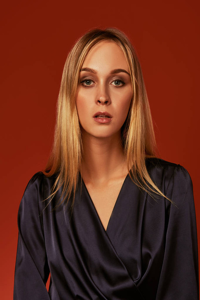 Seductive close up portrait of beautiful blonde young woman in cocktail dress - Φωτογραφία, εικόνα