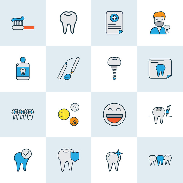 Iconos de los dientes de color conjunto de línea con herramientas dentales, sonrisa, lleva defensa y otros elementos de esmalte. Iconos de dientes de ilustración aislados
. - Foto, Imagen