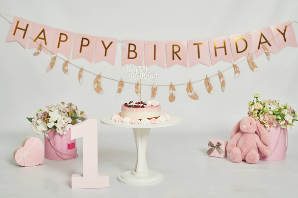 pink decoration for the first year photo session cake smash - Photo, Image