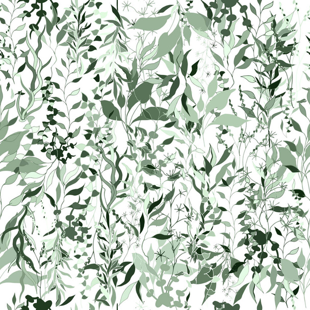 緑の植物と葉から明るい背景。つる性の植物。ビンテージ テクスチャ布、タイル、壁紙. - ベクター画像