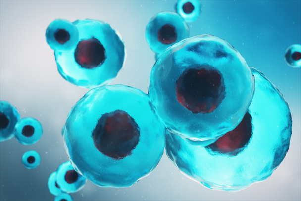 Célula de un organismo vivo, concepto científico. Ilustración sobre fondo azul. La estructura de la célula a nivel molecular, bajo un microscopio. ADN encriptado en la célula. Ilustración 3D
 - Foto, imagen