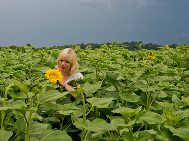 Young amazing beautiful blond girl with a sunflower. - Φωτογραφία, εικόνα