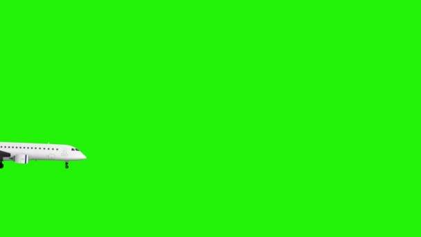 Startu samolotu pasażerskiego, na zielonym tle Hromakey, widok z boku. 4k renderowania animacji wideo - Materiał filmowy, wideo