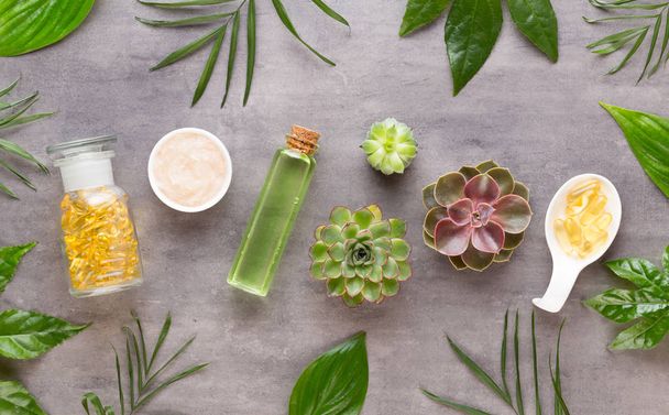 Spa background with hand made bio cosmetic and  cactus compositi - Фото, зображення