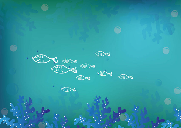 Підводний мультфільм плоский фон з рибним силуетом, піском, водоростями, коралами. Морське життя океану, милий дизайн. Векторні ілюстрації
 - Вектор, зображення