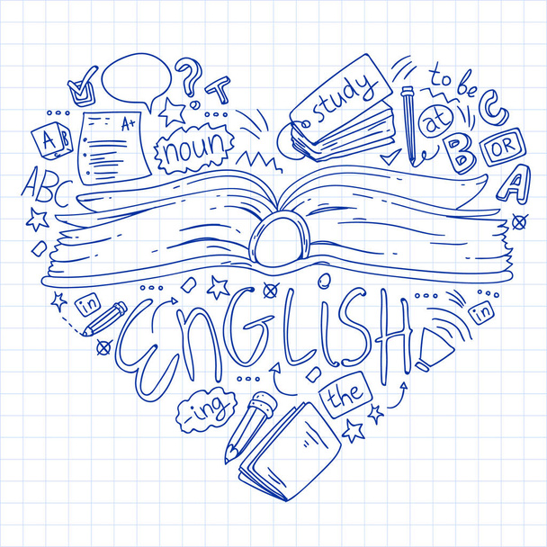 Language school for adult, kids. English courses, class. - Vektori, kuva