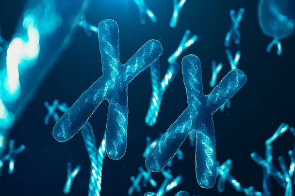 XX-Cromosomas con ADN portando el código genético. Concepto genético, concepto de medicina. Futuras mutaciones genéticas. Cambiar el código genético a nivel biológico. Ilustración 3D
 - Foto, Imagen