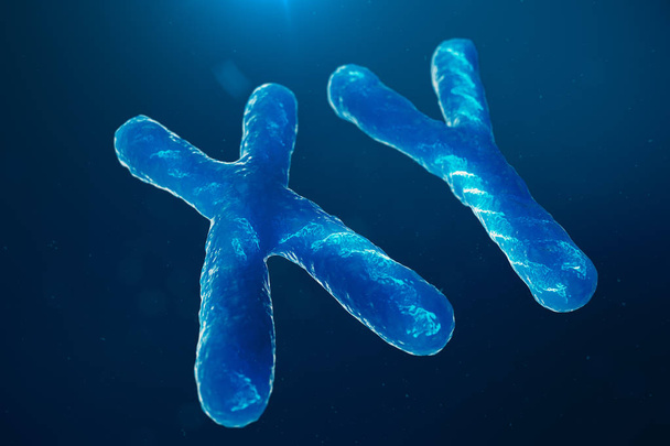 Cromosomas XY con ADN portando el código genético. Concepto genético, concepto de medicina. Futuras mutaciones genéticas. Cambiar el código genético a nivel biológico. Ilustración 3D
 - Foto, Imagen