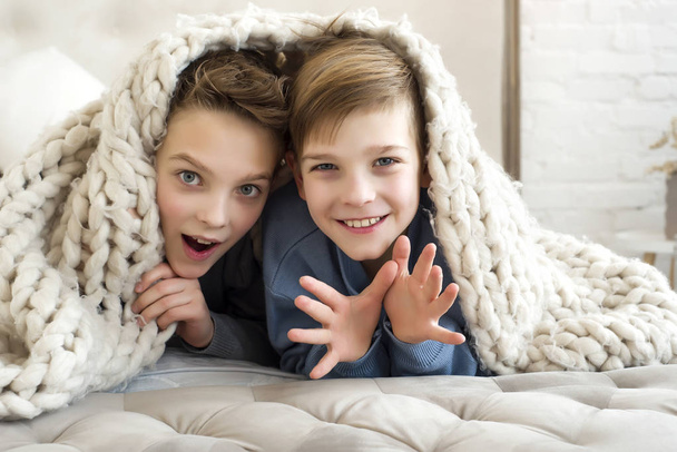 Two cute brothers playing together at home, smiling and looking into the camera. Portrait of kids, having fun under the blanket. Nice boys - best friends.  Family relations between brothers. - Photo, Image