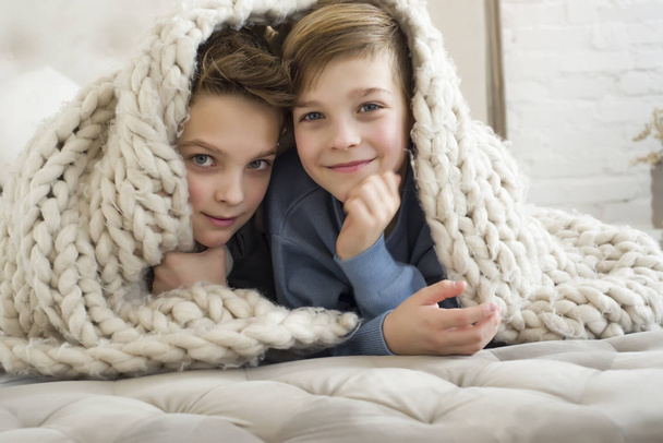 Two cute brothers playing together at home, smiling and looking into the camera. Portrait of kids, having fun under the blanket. Nice boys - best friends.  Family relations between brothers. - Photo, Image
