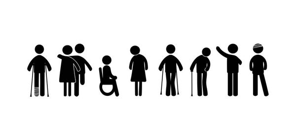 Geestelijk en lichamelijk gehandicapten. Zwarte pictogrammen - Vector, afbeelding