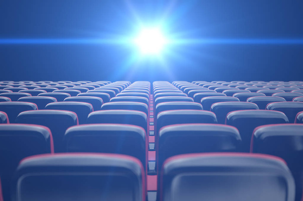 Film tiyatrosunda mavi renkte parlayan konsept sinema. Boş koltuklu sandalye satırları. 3D çizim - Fotoğraf, Görsel