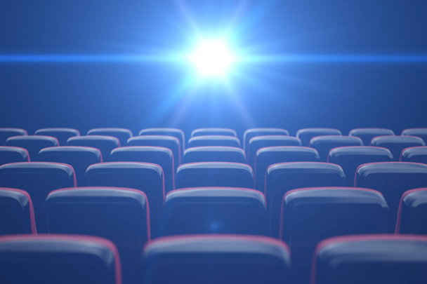 Έννοια σινεμά, λάμπει μπλε χρώμα στον κινηματογράφο. Σειρές από καρέκλες με κενές θέσεις. 3D απεικόνιση - Φωτογραφία, εικόνα