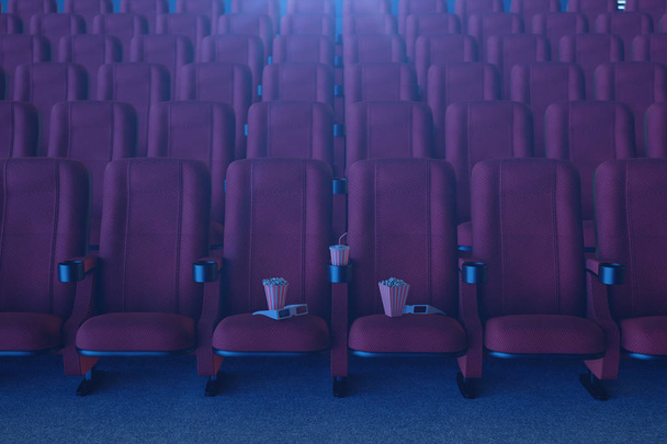 Концепция кино с попкорном, 3D очки, попкорн и чашка с напитком. Концепция кино с голубым светом. Красные кресла в кинозале. 3D иллюстрация
 - Фото, изображение