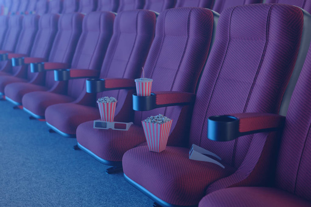 3D-Illustration mit 3D-Gläsern, Popcorn, Tasse mit einem Getränk. Kinokonzept mit Blaulicht. Rote Stühle im Kinosaal. - Foto, Bild