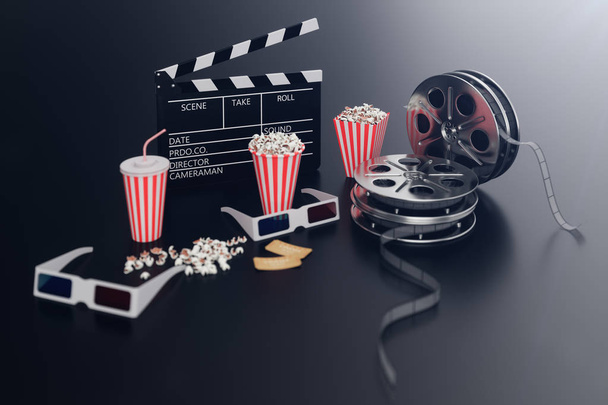 Kino se dívá. Skladba s 3D brýlemi, filmovým zvonem, filmovým cívkami, popcornem a filmovým proužem kinematografie. Nápis pro váš návrh. 3D ilustrace - Fotografie, Obrázek