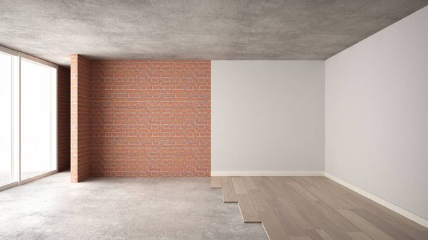 Ремонт дизайну інтер'єру, до і після, ремонт і фарбування стін, паркетна підлога, етапи розвитку, концепція оновлення будинку ідея фон з копіюванням простору
 - Фото, зображення