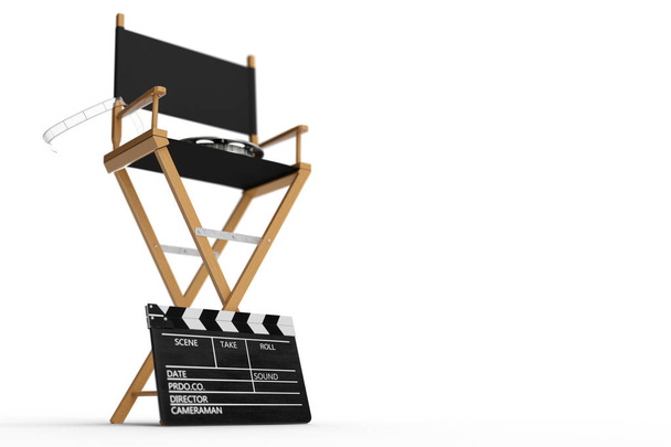 Director Chair, Movie Clapper y carrete de película. Director de silla aislado sobre fondo blanco. Ilustración 3D
 - Foto, imagen