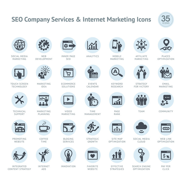 Set di servizi aziendali SEO e icone di marketing su Internet
 - Vettoriali, immagini