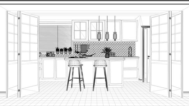 Interiérový design projektu, černé a bílé inkoustu skica, architektura blueprint zobrazeno skandinávské minimalistické kuchyně s island a židle, moderní architektura - Fotografie, Obrázek