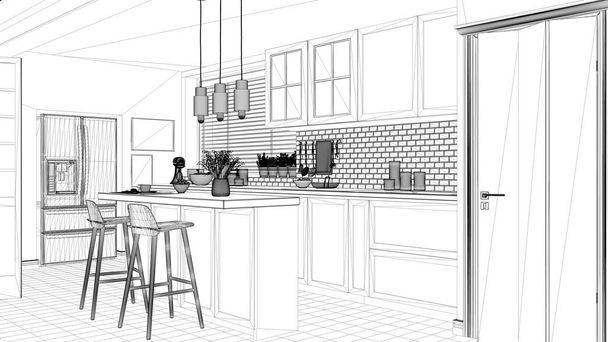 Εσωτερικό σχεδιασμό έργου, μαύρο και λευκό μελάνι σκίτσο, αρχιτεκτονική σχέδιο προβολή σκανδιναβικό μίνιμαλ κουζίνα με νησί και κόπρανα, σύγχρονης αρχιτεκτονικής - Φωτογραφία, εικόνα