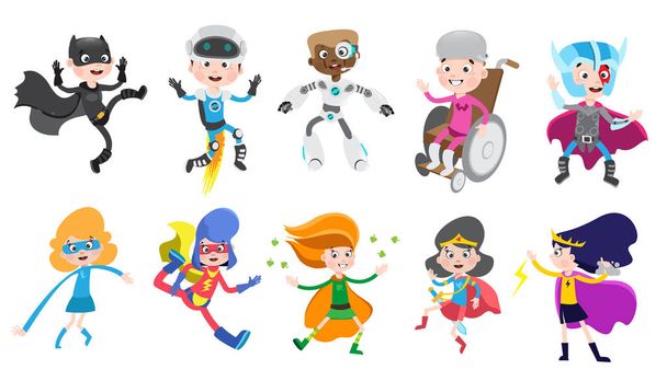 Cute superhero kids in colorful costumes. Big set of vector cartoon characters isolated on white background. - Vector, Image