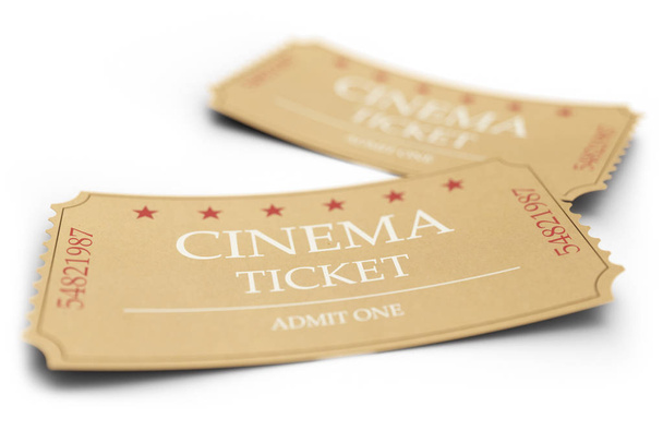 Two movie tickets isolated on white background, with depth of field effect, close-up. Cinema admit one tickets made of textured paper. 3d illustration - Photo, Image