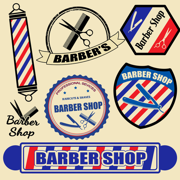 Conjunto de etiquetas de barbearia vintage e selos
 - Vetor, Imagem